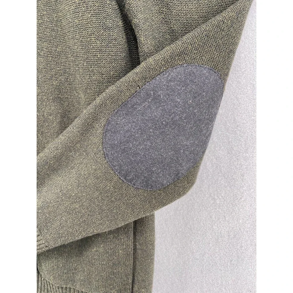 Banana Republic Sweater Men Sz‎ Large Green Gray Wool Full Zip Elbow Patch Cabin